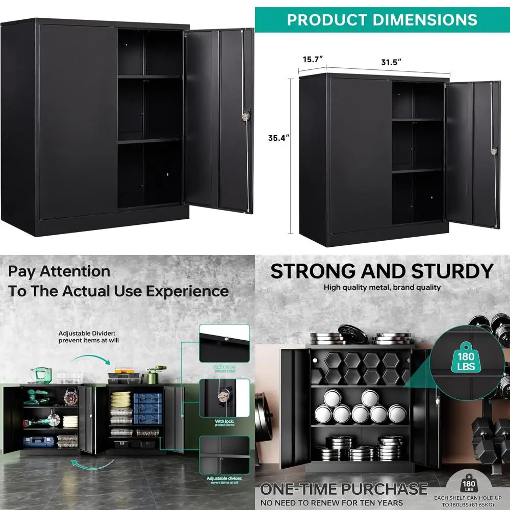 

36-дюймовый металлический шкаф для хранения с запираемыми дверцами и полками для использования в гараже