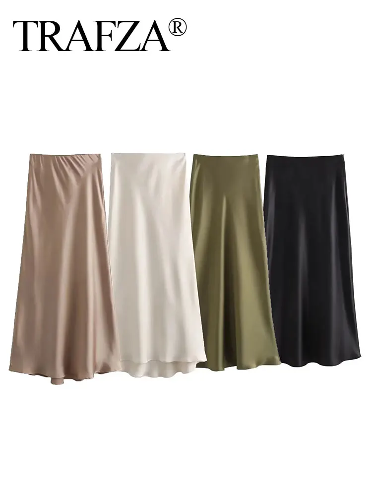 TRAFZA Women Fashion Vintage Solid Skirt Satin Slim Elastic Waist Midi Skirts Office Lady Wear Elegant Woman Chic Mermaid Skirt