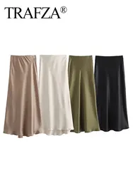 TRAFZA Women Fashion Vintage Solid Skirt Satin Slim Elastic Waist Midi Skirts Office Lady Wear Elegant Woman Chic Mermaid Skirt