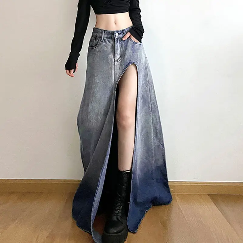 

High Waist Temperament Split Denim Skirt Female Casual All-match Long Skirts Loose Slim Vintage Girl A-line Fillibeg Women