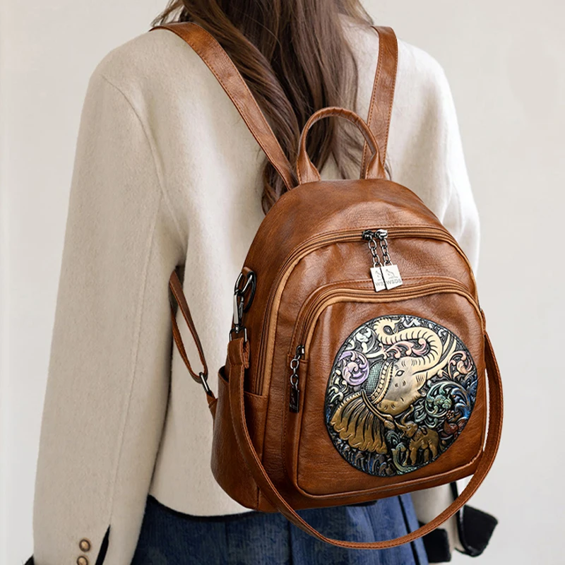 2024 Elephant Print Design Backpacks High Quality Leather Solid Color Backpack Luxurious Women\'s Brand Travel Mochilas Sac A Dos