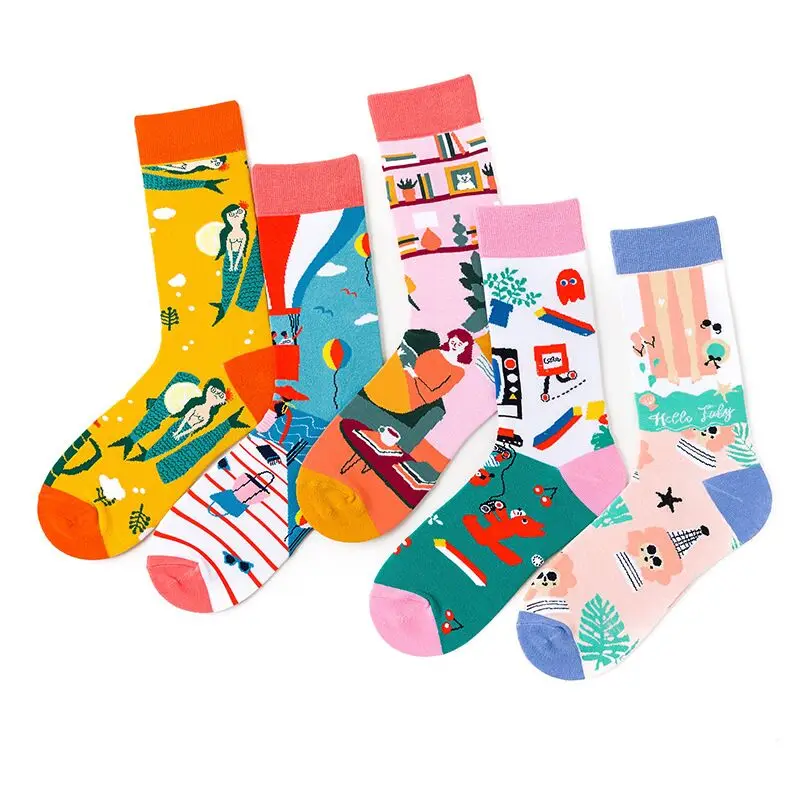 American Style Fashion Female Socks Casual Abstract Harajuku Street Hip Hop Socks Funny Happy Skateboard Colorful Women Socks