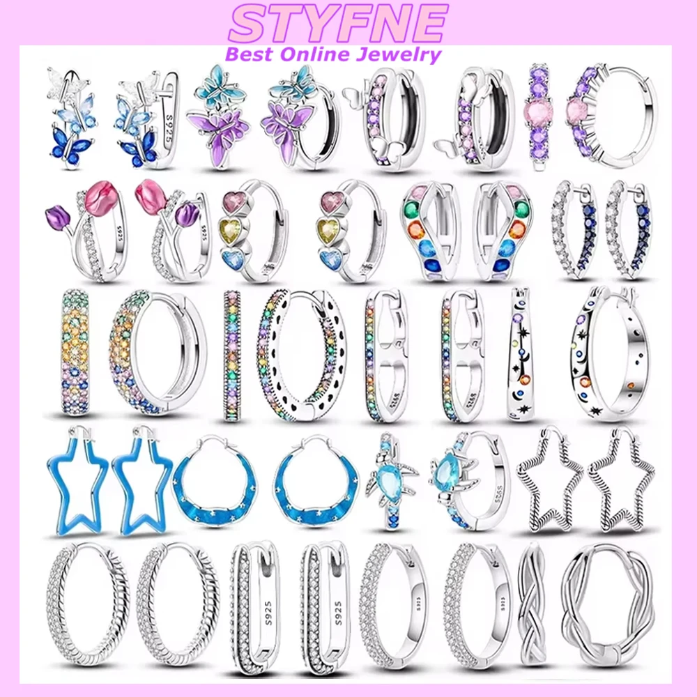 

Earrings Woman Butterfly Original 925 Silver Women Jewelry Birthday Gift Pink Bow Heart Zircon Star flower Stud Earrings