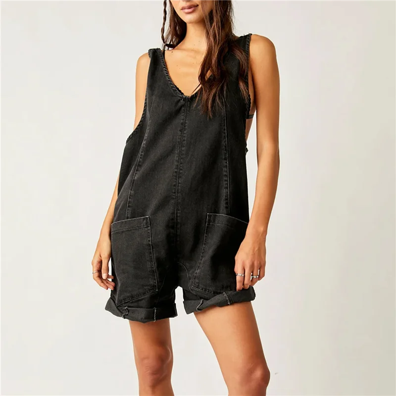 

NEW-Womens Overalls Shorts Casual Summer Romper V Neck Sleeveless Jumpsuits Shortalls Loose Fit