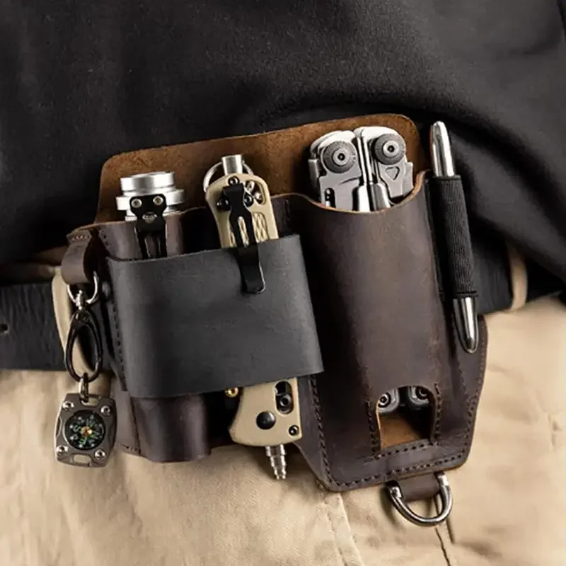 Leather EDCs Organizer Sheath EDCs Belt Sheath Pocket Organizer Leather Multitool Pouch with Pen Holder for Flashlight