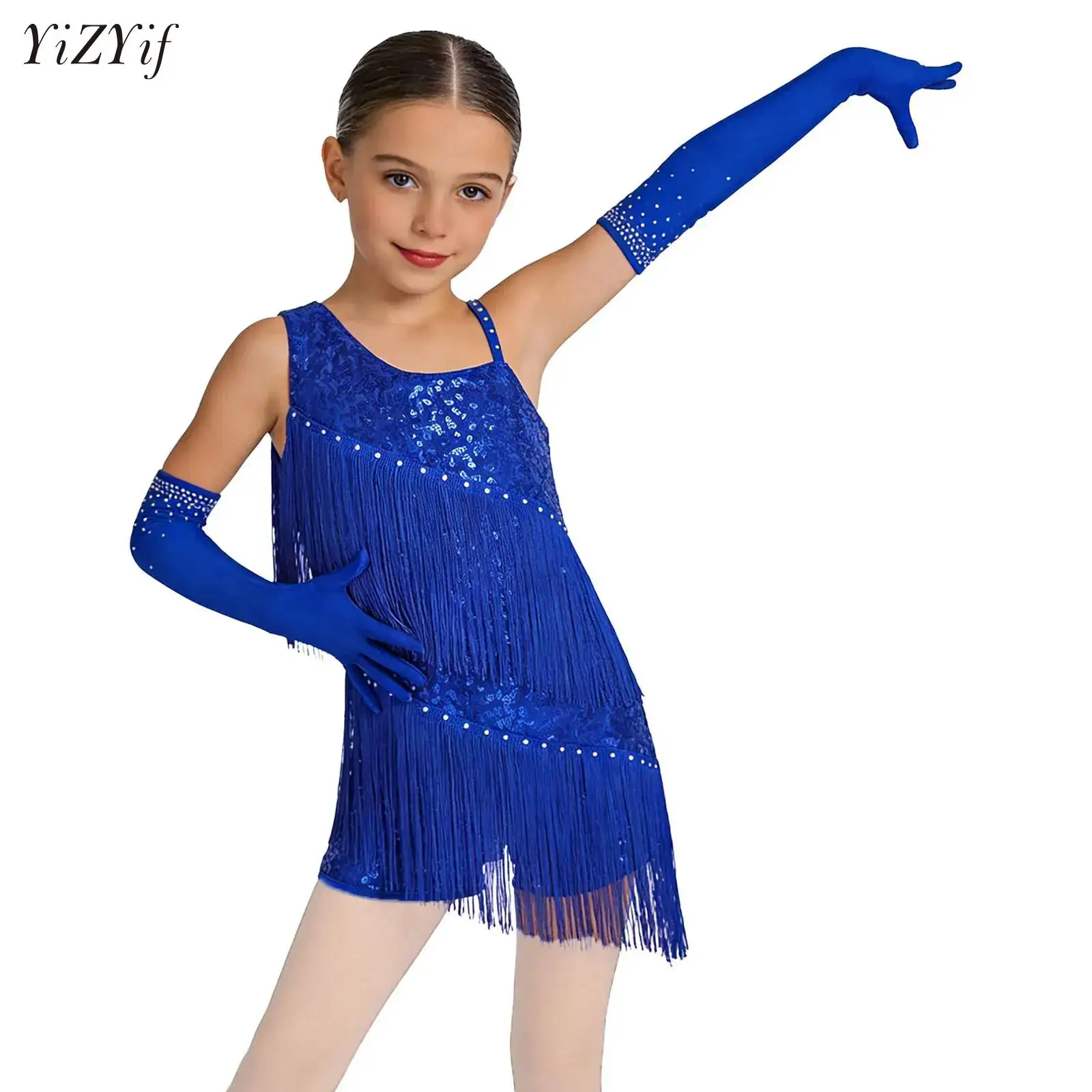 

Girls Fringed Ballet Dance Danewear Set Rhinestones Asymmetrical Leotard Figure Skating Rhythmic Gymnastic Tassel Bodysuit Dress