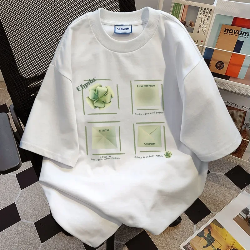 

Sense of Design Origami Printed T-shirt Men and Women Pure Cotton Summer Fashion Trend Comfy Couple Short Sleeved Top Harajuku