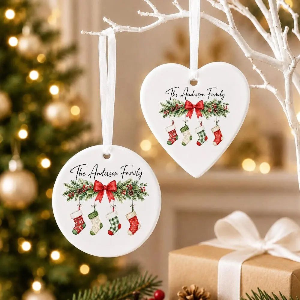 Family Christmas Ornament Custom Family Name Ceramic Round Bauble with Christmas Stockings, Family Christmas Keepsake Decoration