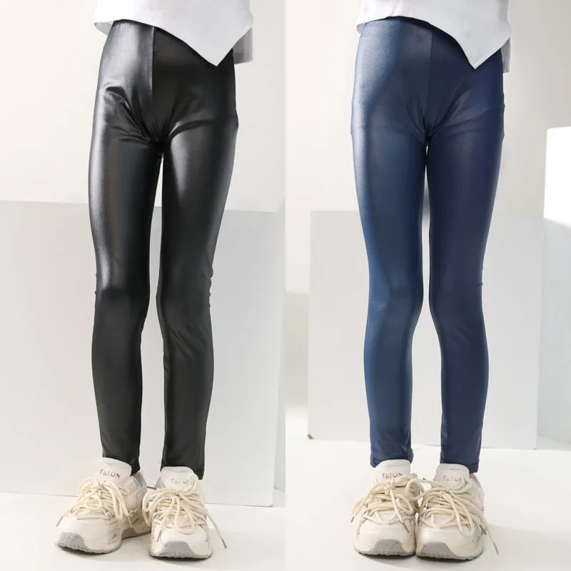 Girls\' Leggings Spring and Autumn Thin Children\'s Slim Fit Imitation Leather Pants Baby Elastic Pants 3-12 Years Old