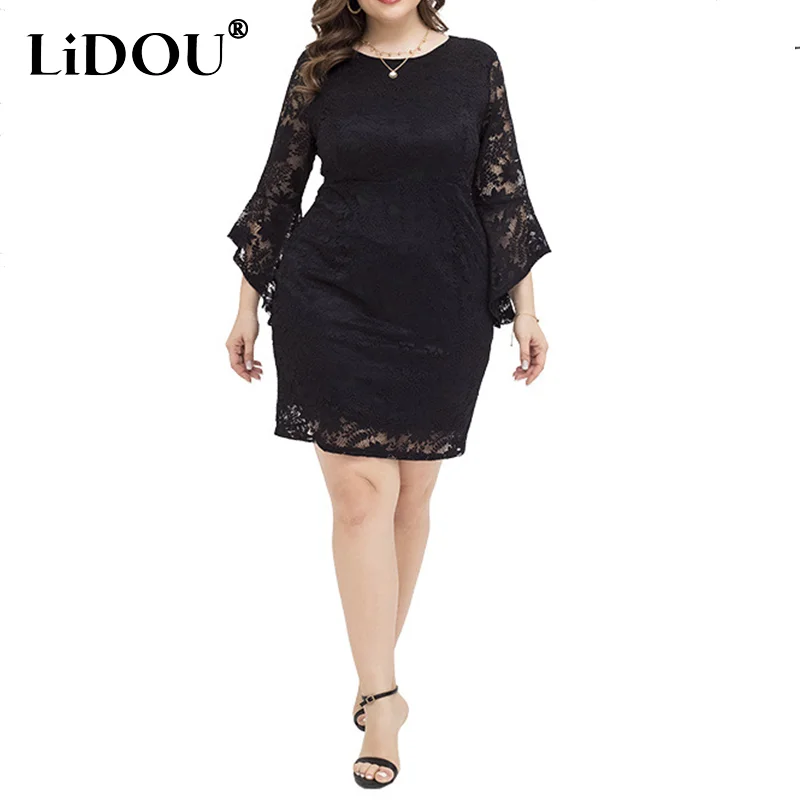 

Autumn Winter New Elegant Fashion Sexy Plus Size Dress Women Lace Flared Sleeves Slim Vestidos De Fiesta Female Hollow Out Dress