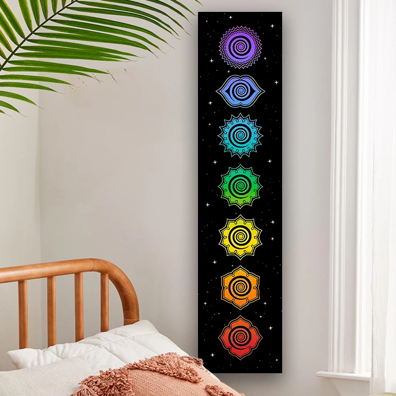 Regenboogchakra's Tapijt Boeddhisme Yoga Kosmische Energiecentra Meditatie Wandtapijten Zwarte Muur Opknoping Slaapkamer Drom Home Decor