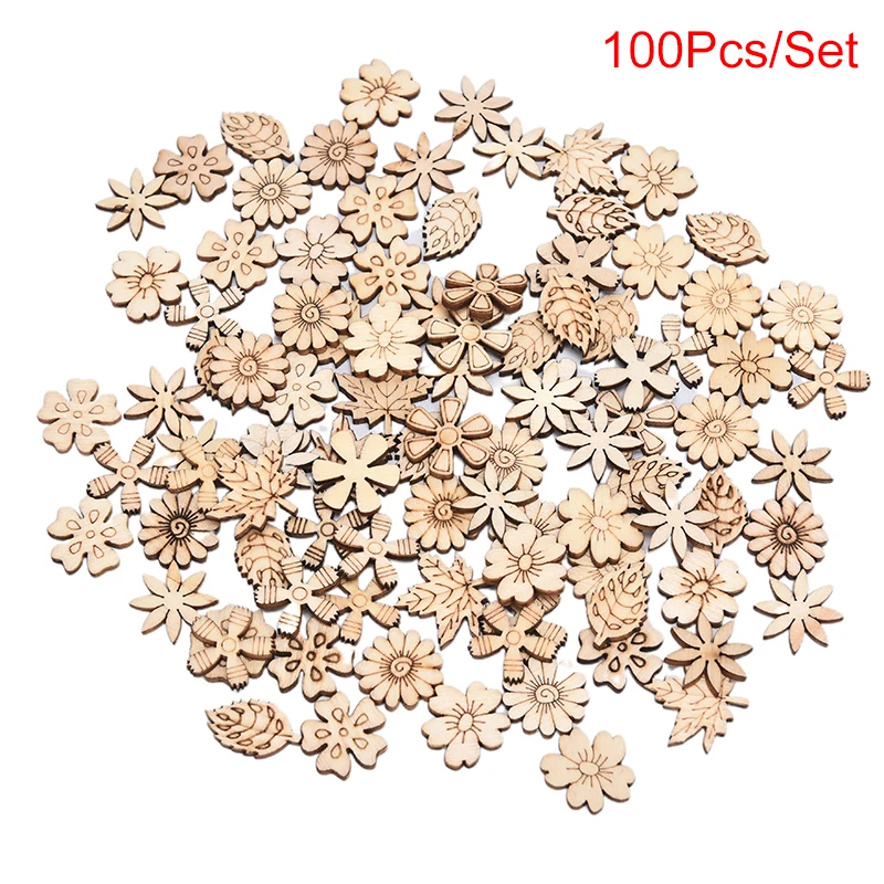 100pcs Mix Wooden Pieces Creative Flower Leaves Cutouts Slice For DIY Wooden Art Decoration Home Party Doodle Scrapbooking