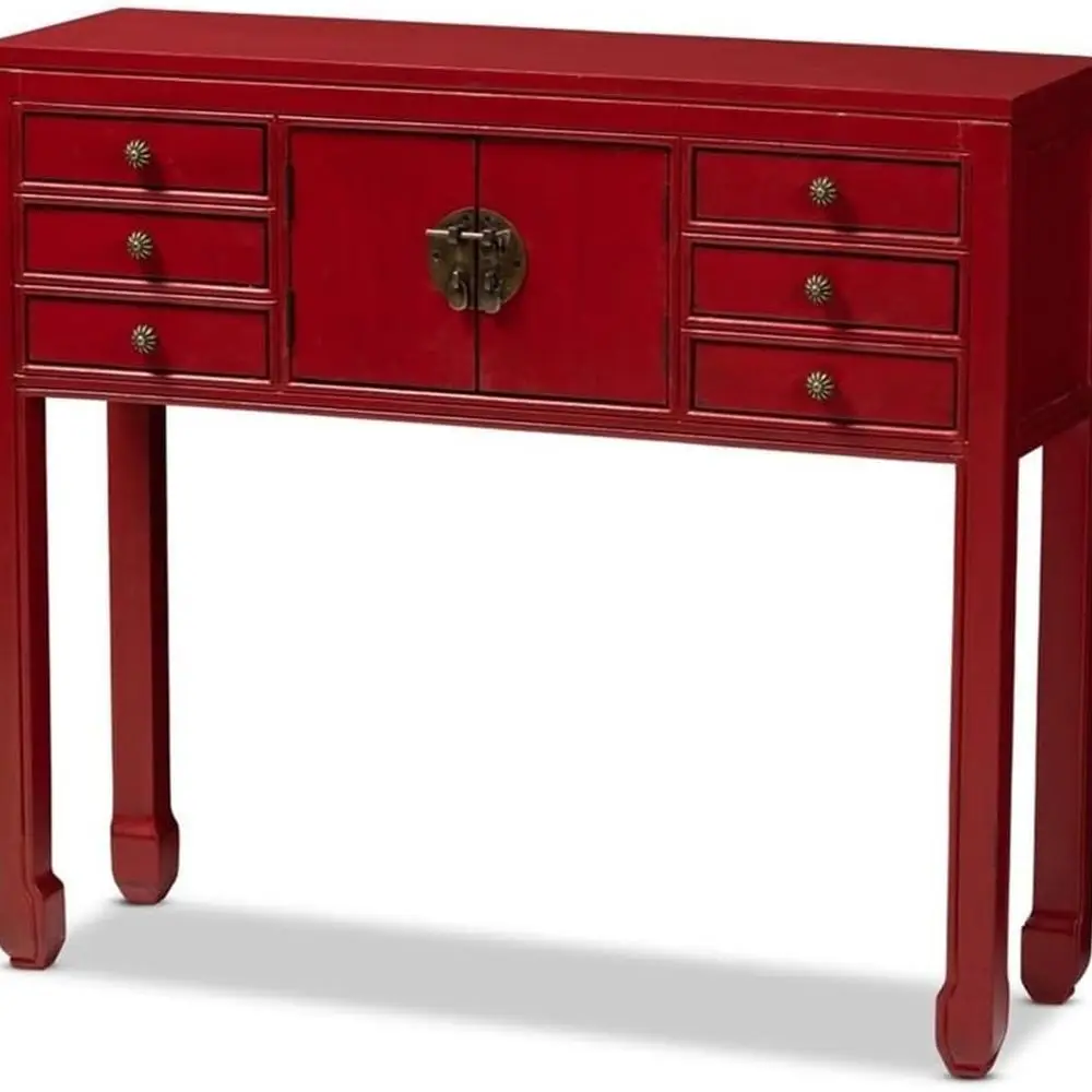 

Antique Red Wood Console Table with 6 Drawers and Bronze Accents in Classic Melodie Style
