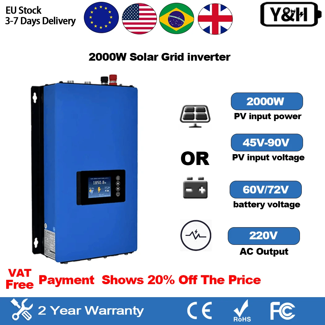 Y&H 2000W Grid Solar Inverter with Limiter MPPT MIcro Inversor Pure Sine Wave Output DC45-90V PV Input AC190-260V