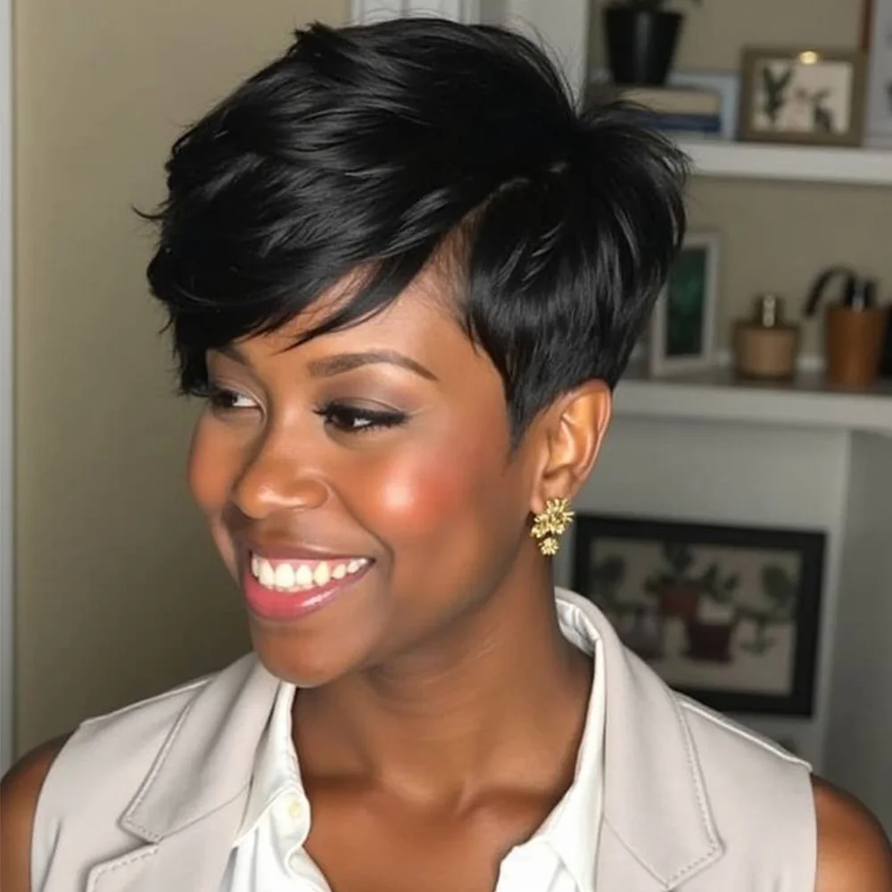 ピクシーカットウィッグ 女性用人毛ショートボブウィッグ 前髪付き レイヤードピクシーカットウィッグ ブラジル人毛フルマシンメイドウィッグ