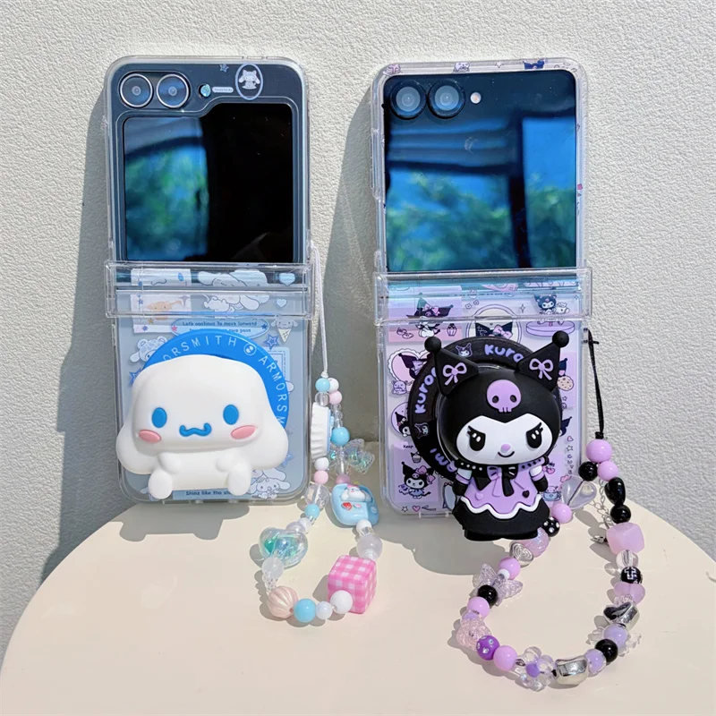 Cartoon Fashion Animals Clear Case With 3D Doll Bead Wrist Strap For Samsung Galaxy Z Flip 8 5 6 7 Z Flip8 Fold Cover Gift