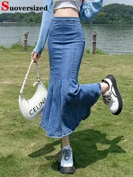 Flounce High Waist Skinny Denim Skirt Women Korean Stretch Vintage Jean Skirts Summer Streetwear Split Hip Wrap Mermaid Faldas