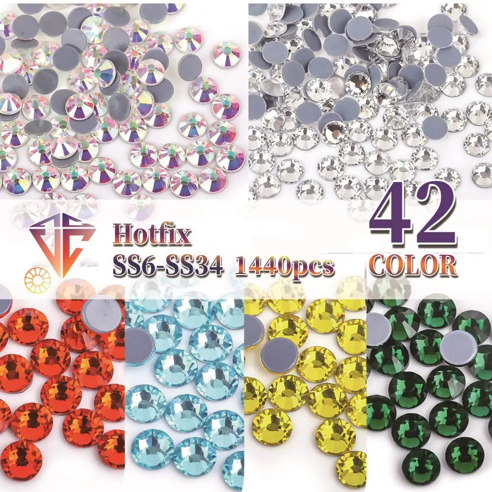 VC Multi-color SS6-SS30 Glass Crystal Hot Fix Rhinestones Flatback Iron On Stones For DIY Nail Art Fabric Clothes Decoration