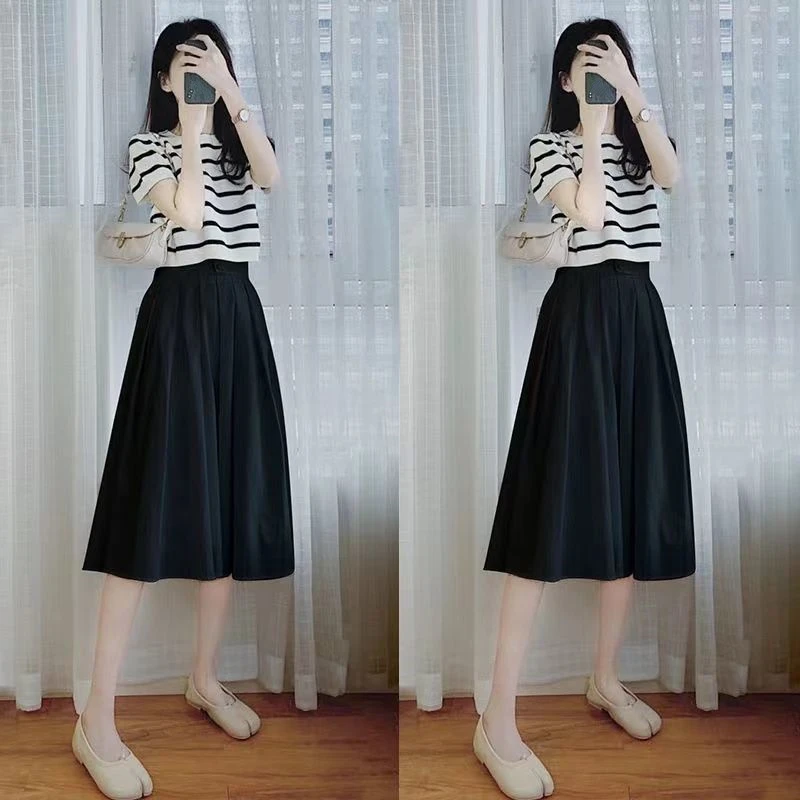 2023 Summer Women's Casual Stripe T Shirt A-Line Skirts Korean Student Fashion Two Piece Dress Set Lady Simple Joker Outfits