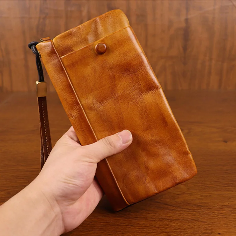 

Vintage Pouch Bags Long Style Clutch Bag Genuine Cow Leather Wallet Organizer Cash Holder Button Zipper Solid Wallets Keep Cards