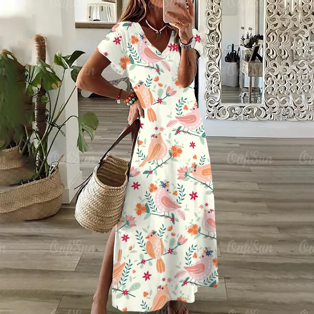 Hawaii  Style Bird & Floral Print Dresses For Women's Long Dresses Plus Size Female Elegant Dresses Summer Women's Clothing