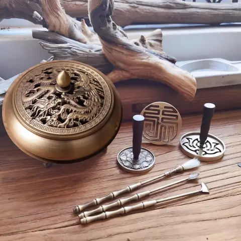 레트로 순수 구리 향 도구 스타터 세트, 홈 도장 익스텐션 장비, 실내 사무실 향 버너 장식 용품