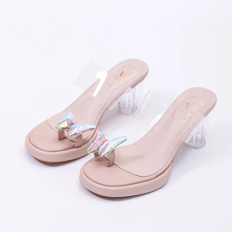 High Heel Slippers Women Summer Flip Toe Bow Clear One Strap Platform Non-Slip Sandals