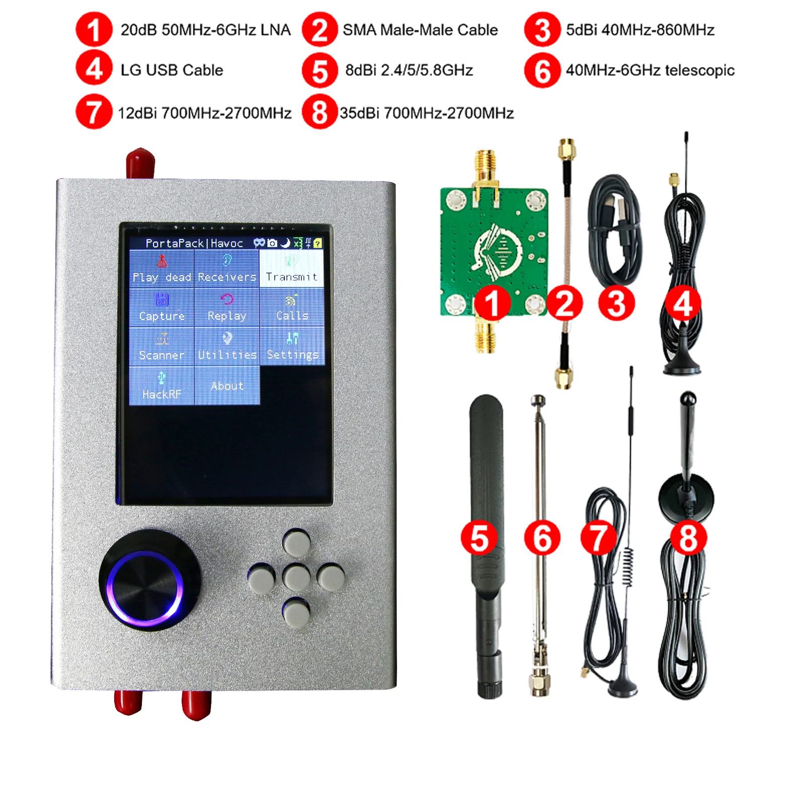 

Радиоприемник SDR 1 МГц-6 ГГц, несобранный HackRF One + Portapack H2 с антеннами с TFT-экраном 3,2 дюйма