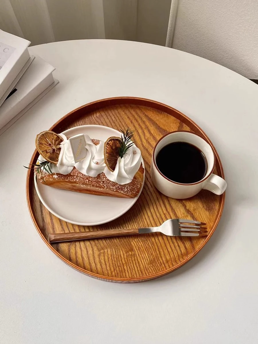 CANBOUN CANBOUNJapanese Wooden Table Tray Simple Round Tray Decorative Trays Snack Plate Sundries Display Organizer Desktop Deco