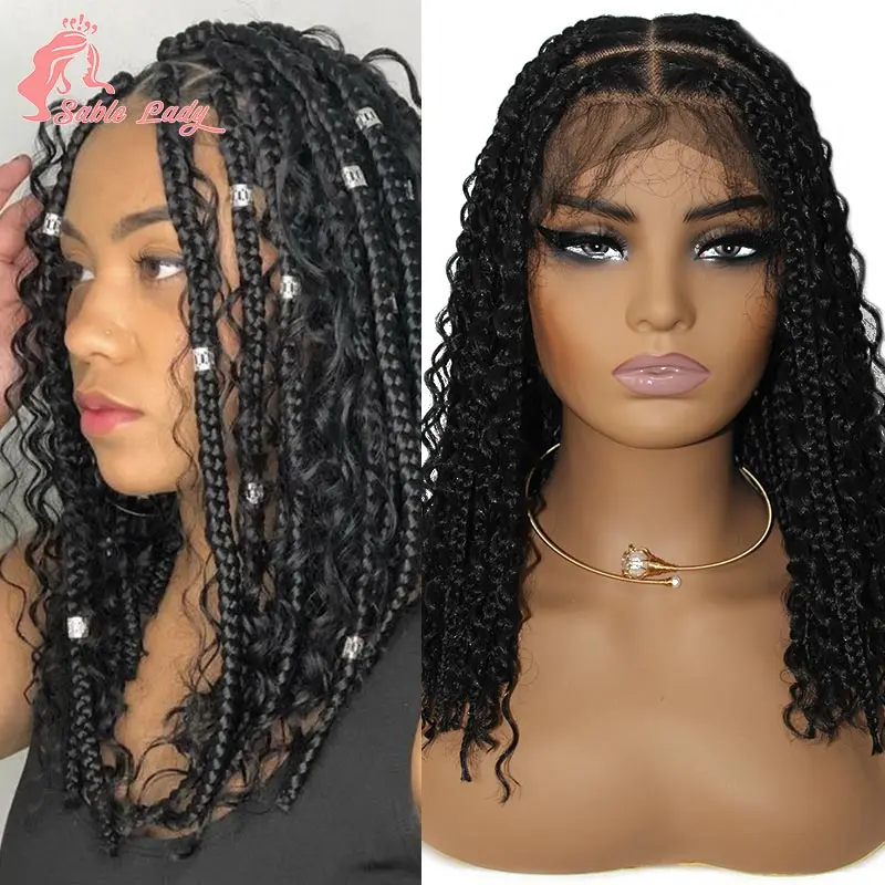 Perruque Synthétique Courte Tressée Style Boho, Postiche de Tresses Carrées Sans Nministériels ds, Extrémités Bouclées, Full Lace, Cornrow, pour Femme, 12 Pouces