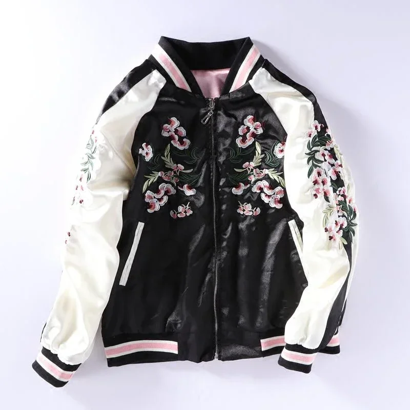 Harajuku Floral Embroidery Baseball Bomber Jacket Unisex Two-sided Yokosuka Pilot Cardigan Spring Autumn Loose Zipper Streetwear