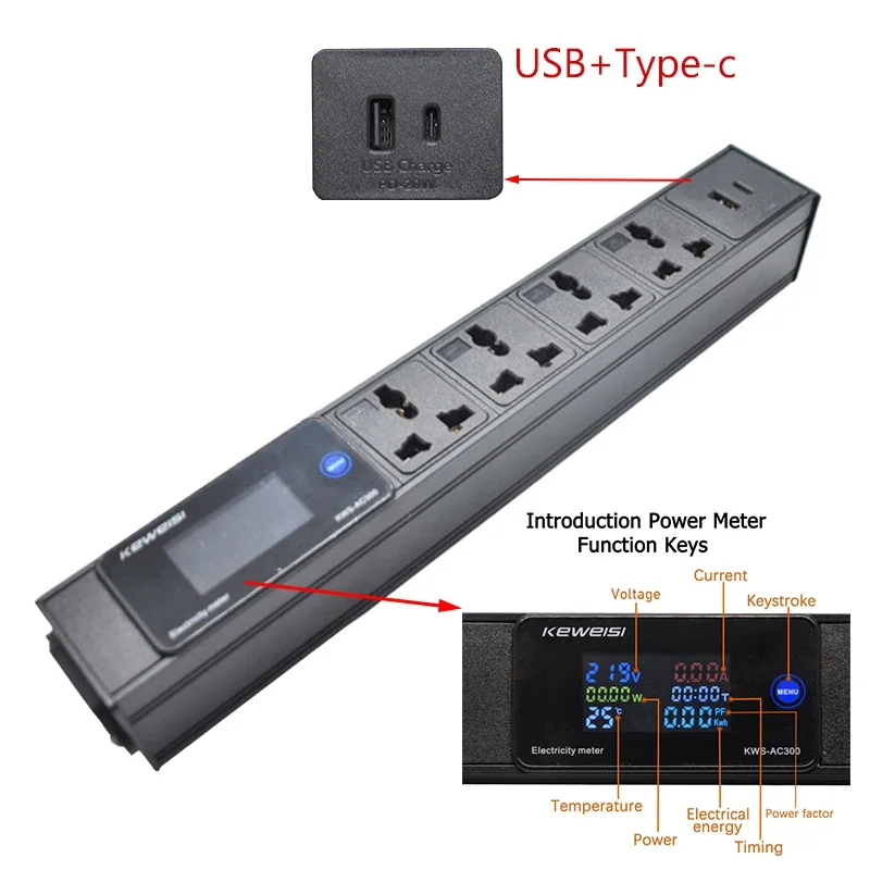 Ampèremètre numérique, voltmètre, ampèremètre, bande de puissance, 2/3/4/5/6/7/8/9/10, prise universelle USB + interface type-c C14