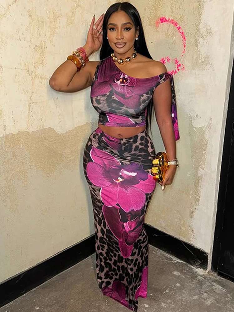 

Винтажный сексуальный комплект из двух предметов с цветочным принтом, юбка для женщин, 2025 г., укороченный топ с открытыми плечами и макси-юбка, комплекты клубной одежды