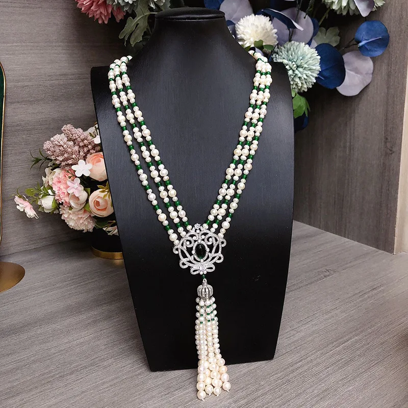 new natural 4-5mm & 6-7mm white freshwater pearl & green  jade sweater chain high women's fashion luxury long wearing necklace