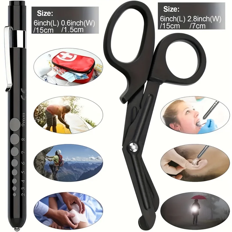 مجموعة مستلزمات طبية للممرضات مكونة من 3 قطع مع 2 مصباح قلم طبي + قطعة واحدة مقص جراحي حديدي متين مقاس 6 بوصات #2