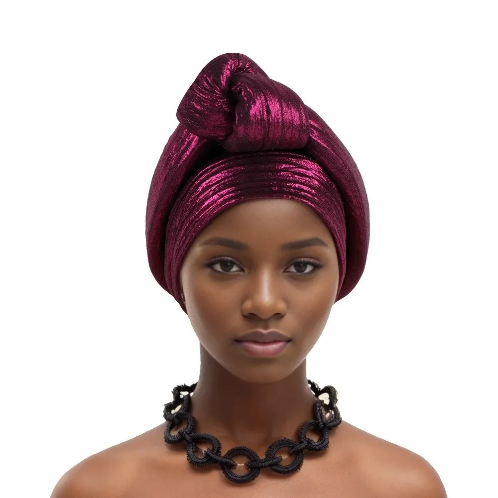 Shiny African Gele Headwrap Front Knot Polyester Nigerian Yoruba Turban Lightweight Multicolor Options Elegant Headpiece Party