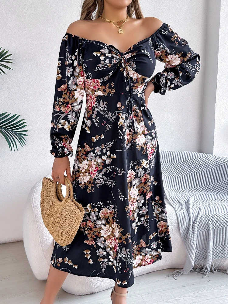

New Sexy Lace-up Knotted Flower Long-sleeved Split Dress Spring and Summer U-neck Long Dresses Europe and America Women's Dress