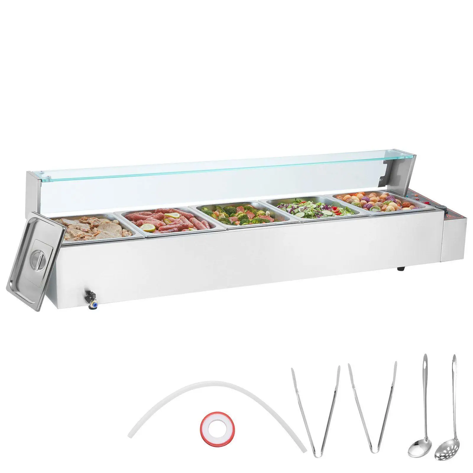 

Thermostatic Control Food Warmer 5x8qt 1700W Stainless Steel Countertop Unit with Safety Reset and Glass Lid