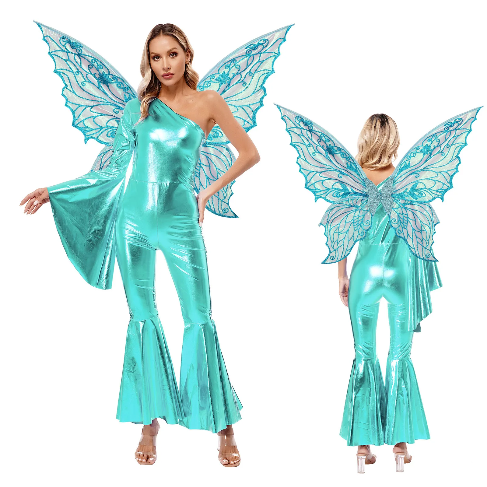 

Shiny Flare Sleeve Bell-Bottom Jumpsuit with Butterfly Wings Elegant Womens Halloween Carnival Theme Party Angel Cosplay Outfits