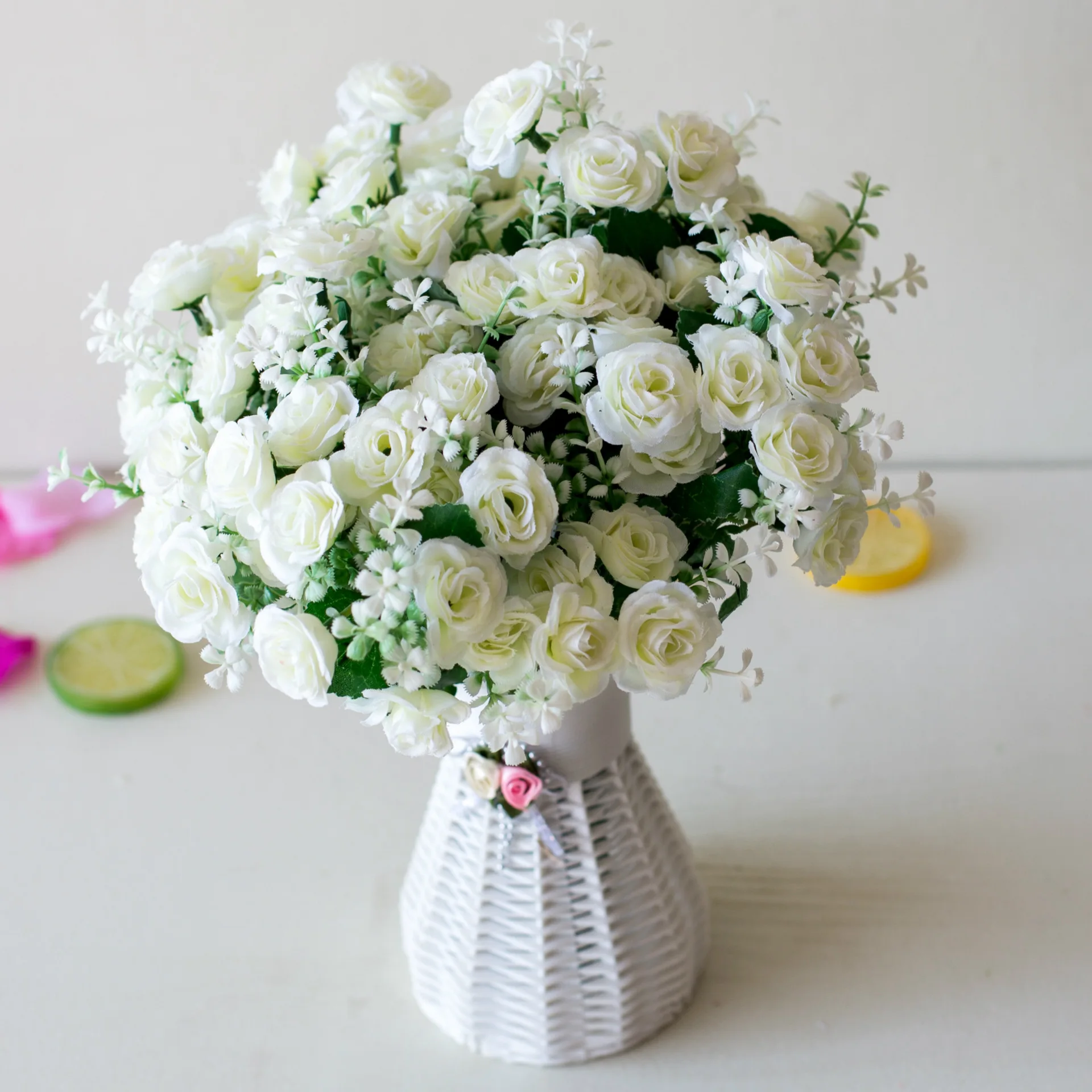 30cm 15Heads Artificial Mini Roses Flower Bouquet Home Living Room Office Desktop Ornament Fake Flowers Wedding Party Decor 6