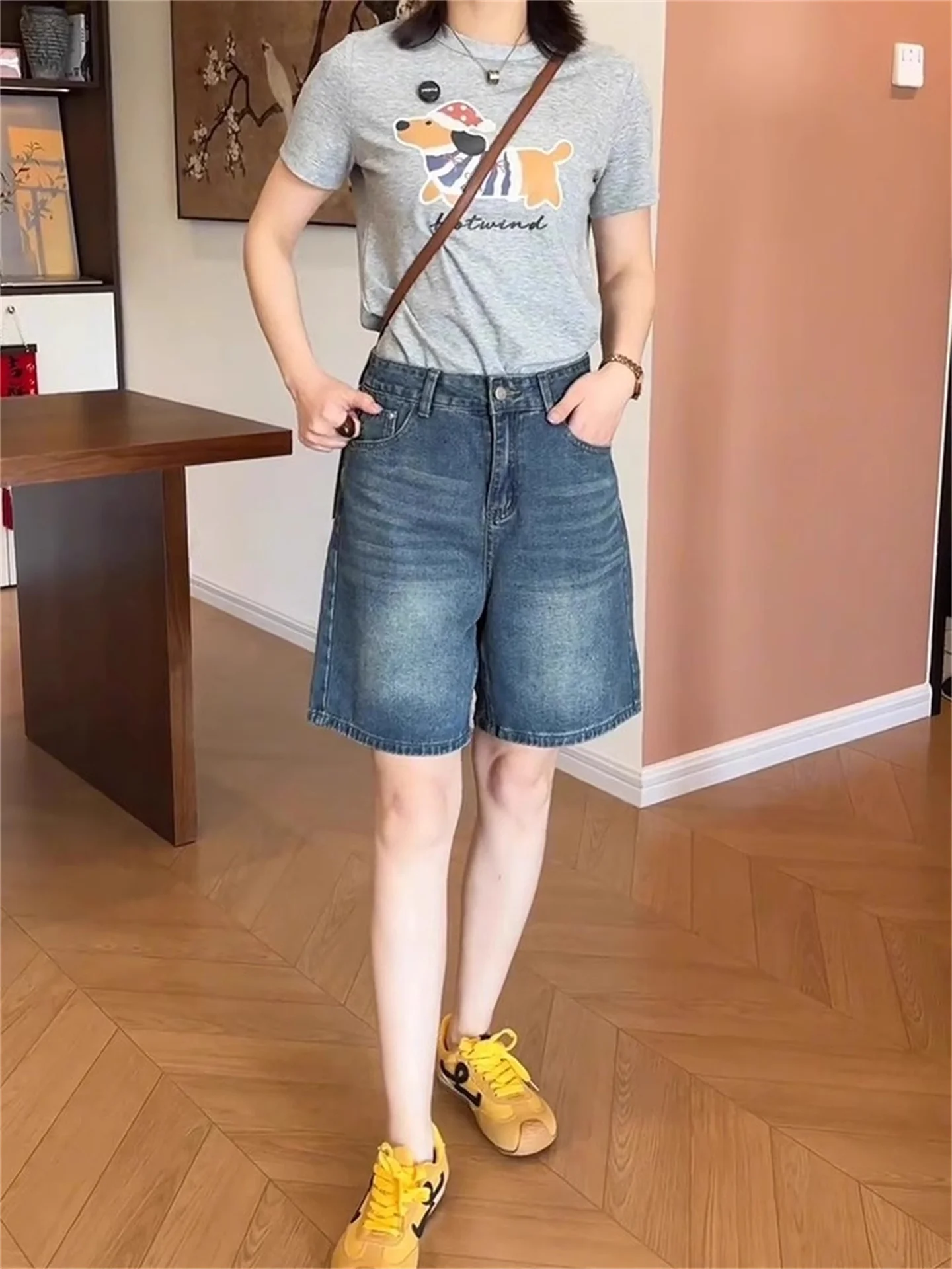 Retro Blue Denim Short Pants Women's Summer New Large Size Pear Shape Small Figure A-Line Five Straight Leg Jeans