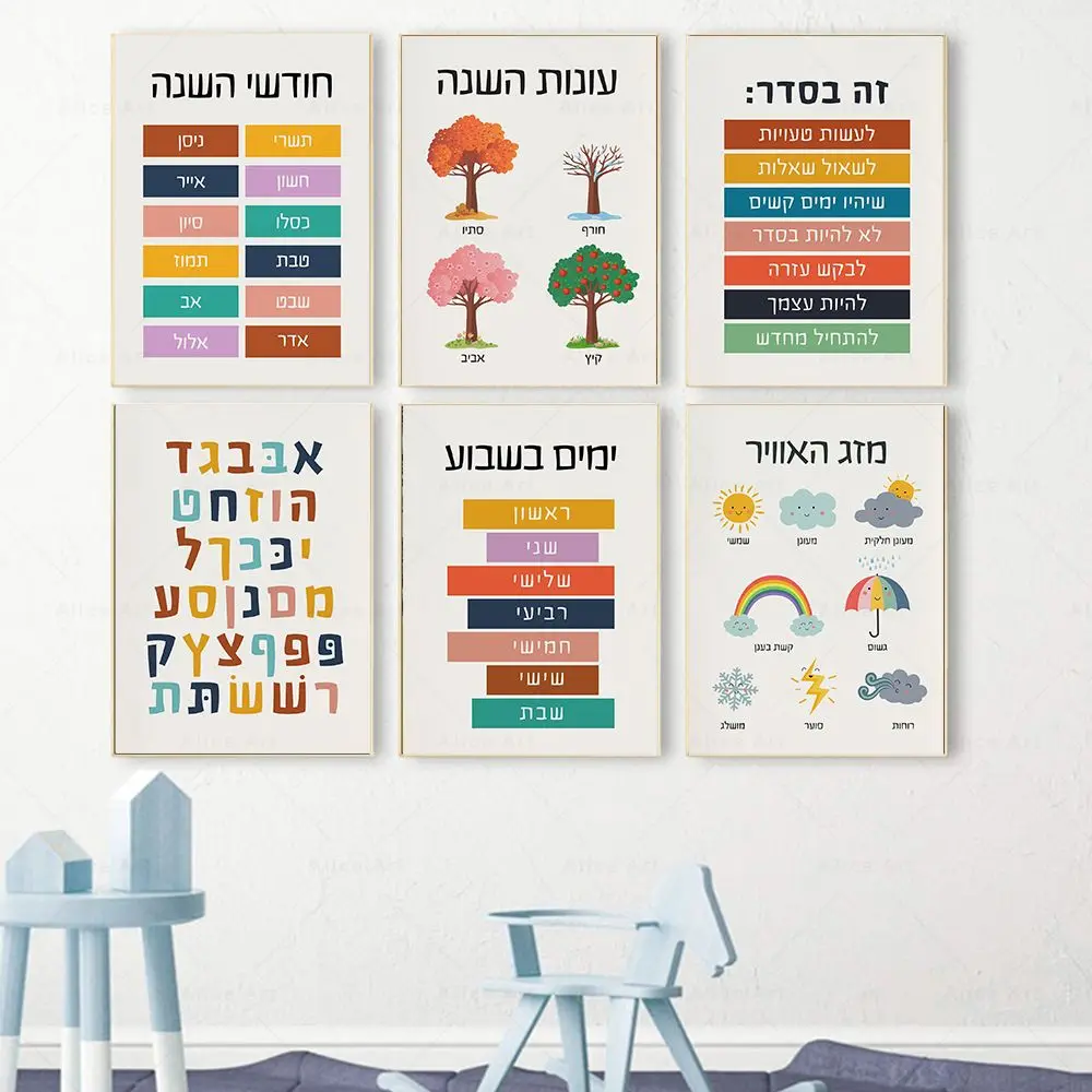 Hebrew Letters Alphabet Jewish Number Day Time Wall Art Canvas Painting Nordic Posters And Prints Wall Pictures Kids Room Decor