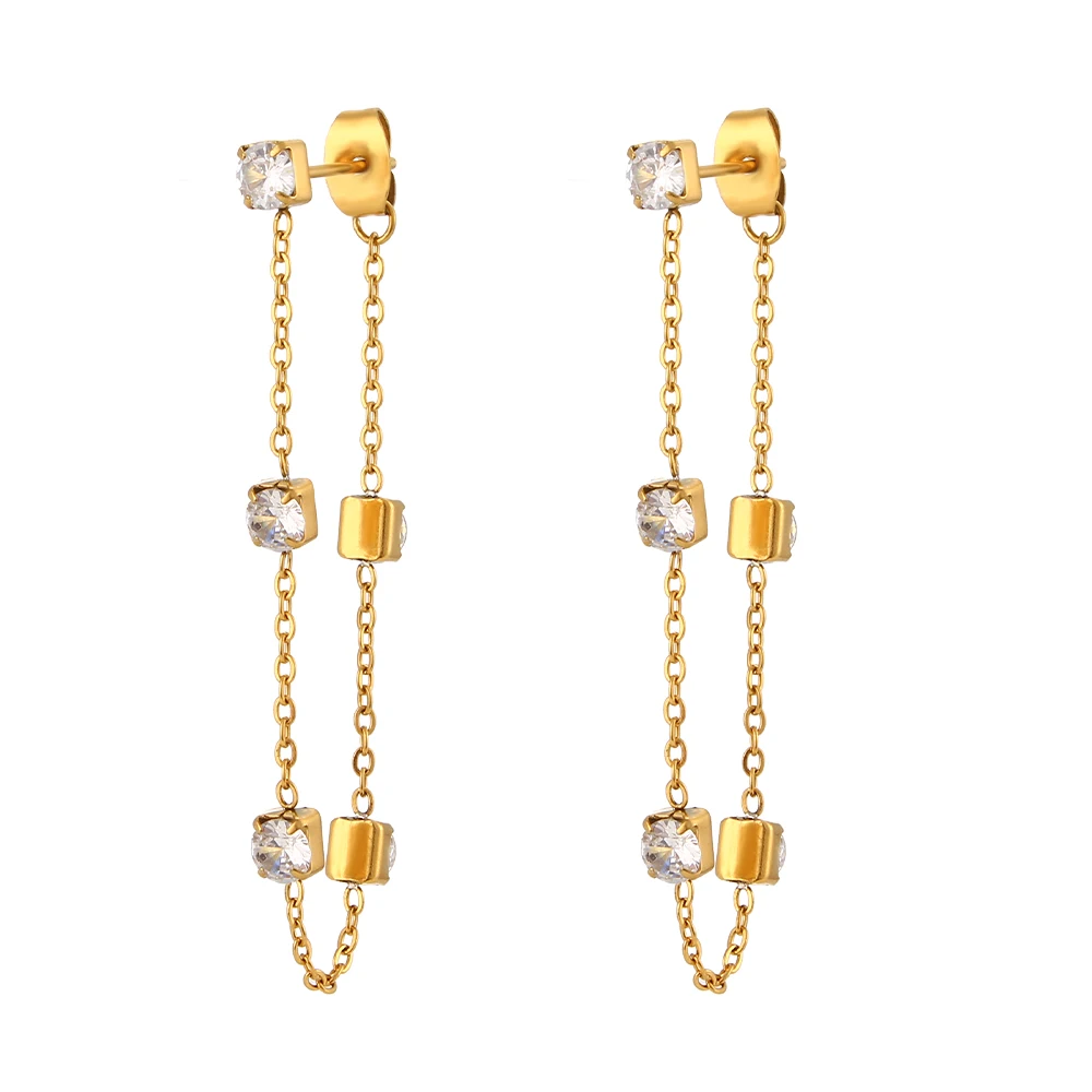 E.B.belle 18K Gold Plated Stainless Steel Long Chain Round Zircon Stone Stud Earrings Ladies Both Sides Crystal Long Earrings