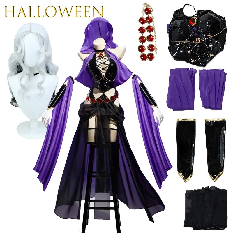 

AWitch Banquet Purple Dancer Dress PU Leather Hooded Witch Cosplay Costume Female Outfit Gothic Sexy Black Halter Backless Suit
