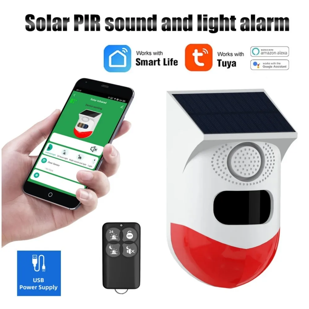 Tuya Smart WiFi Infrared Motion Alarm Waterproof Detector Solar Outdoor PIR Wireless Strobe Siren Sound Sensor Remote Control