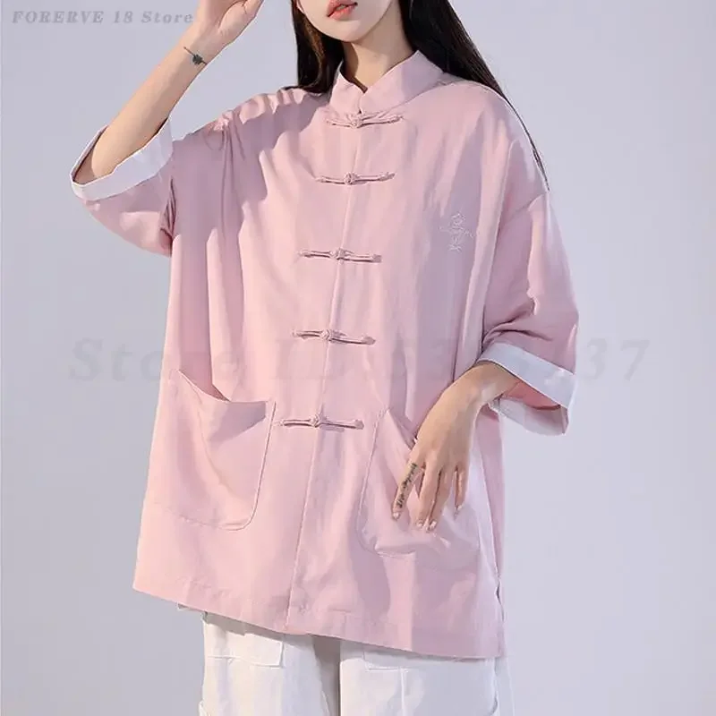

Big Size Shirt Kungfu Jackets Summer New Unisex Style Chinese Traditional Clothes Ice Silk Blouse Vintage Button Casual Outwear