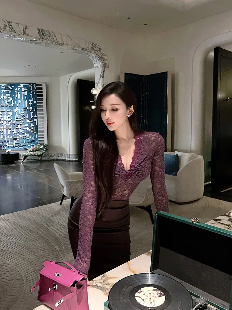 

Сексуальный кружевной женский топ с v-образным вырезом и узлом, модный осенне-зимний длинный пуловер Sve Crew Ne, нижнее белье высокого качества