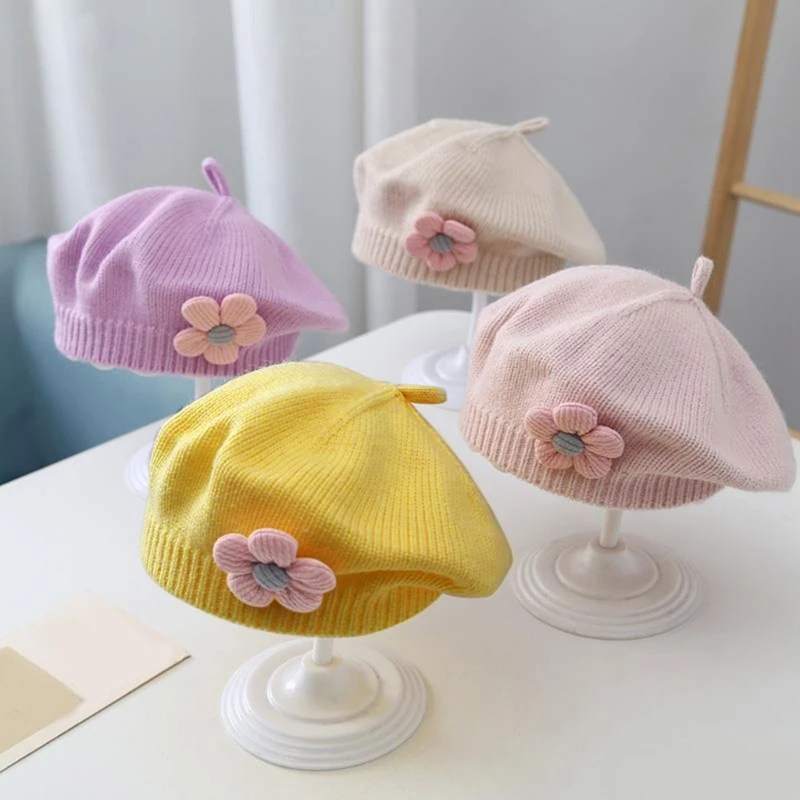 Baby Hat Autumn Winter Female Girls Beret Flower Decor Child