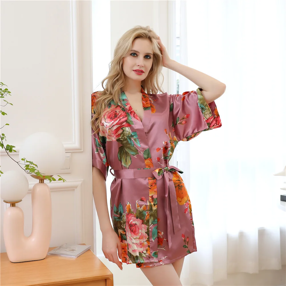 Women Stain Floral Printing short sleeve Belted Lounge Robe Comfortable stain pajamas