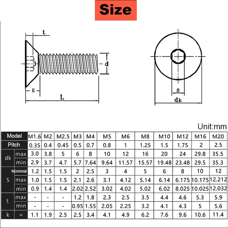 M1.6-M12 Grade 12.9 Black Countersunk Head Hexagon Socket Screws DIN7991 High Strength Flat Cup Flat Head Bolts